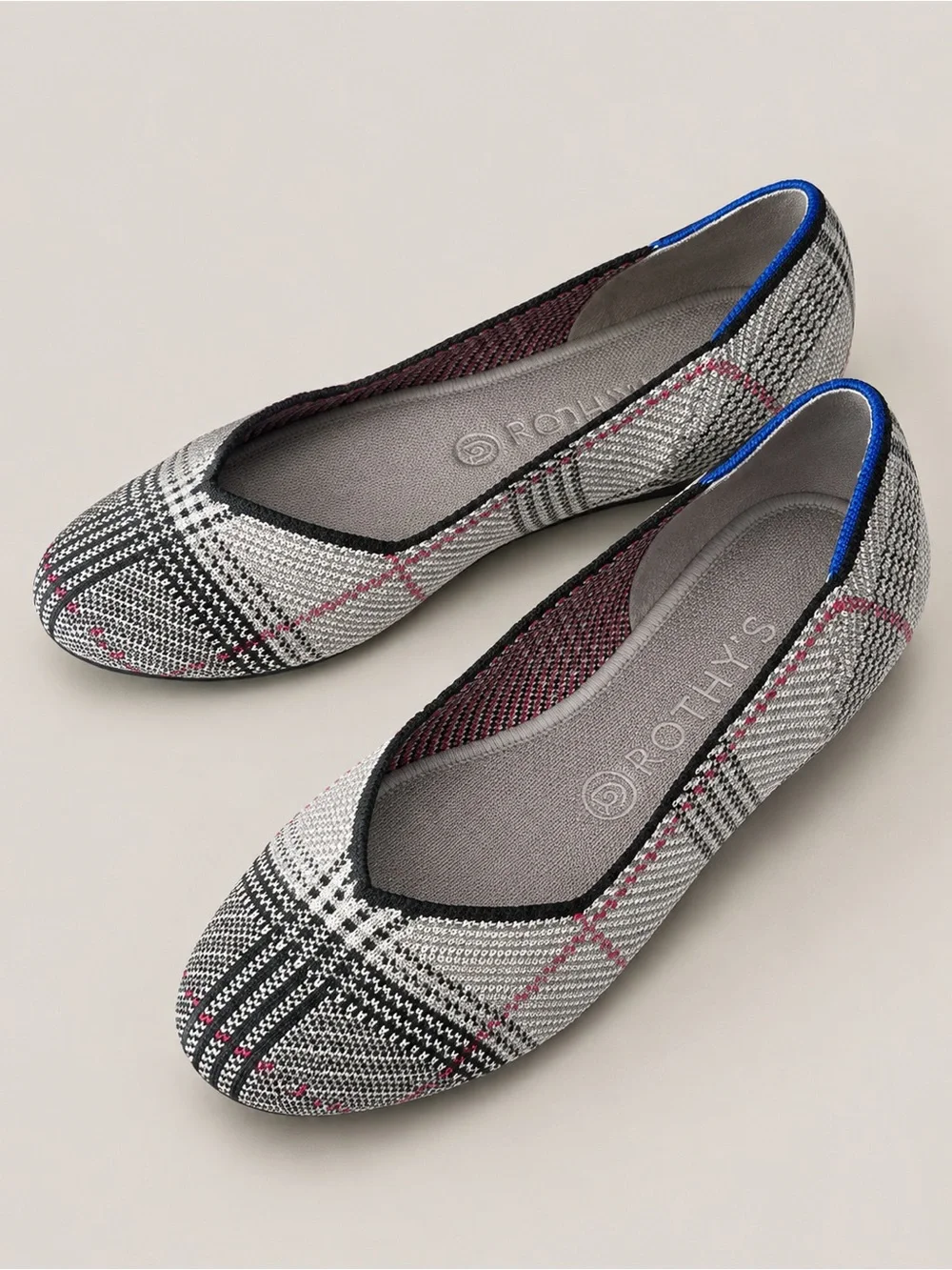 Rothy’s The Flat Plaid Knit Ballet Flats Gray Pink Blue Women’s Size 9